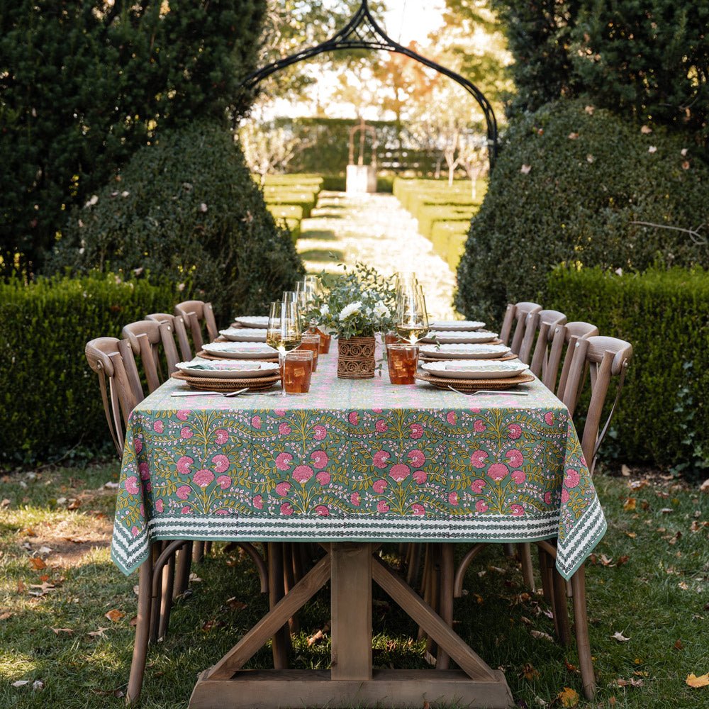 outdoor table with cactus flower jade tablecloth