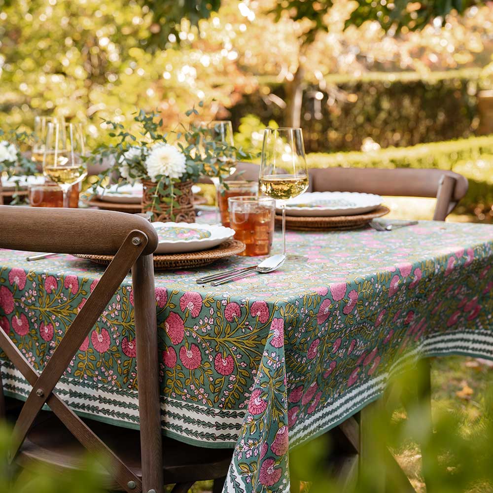 outdoor table with cactus flower jade tablecloth