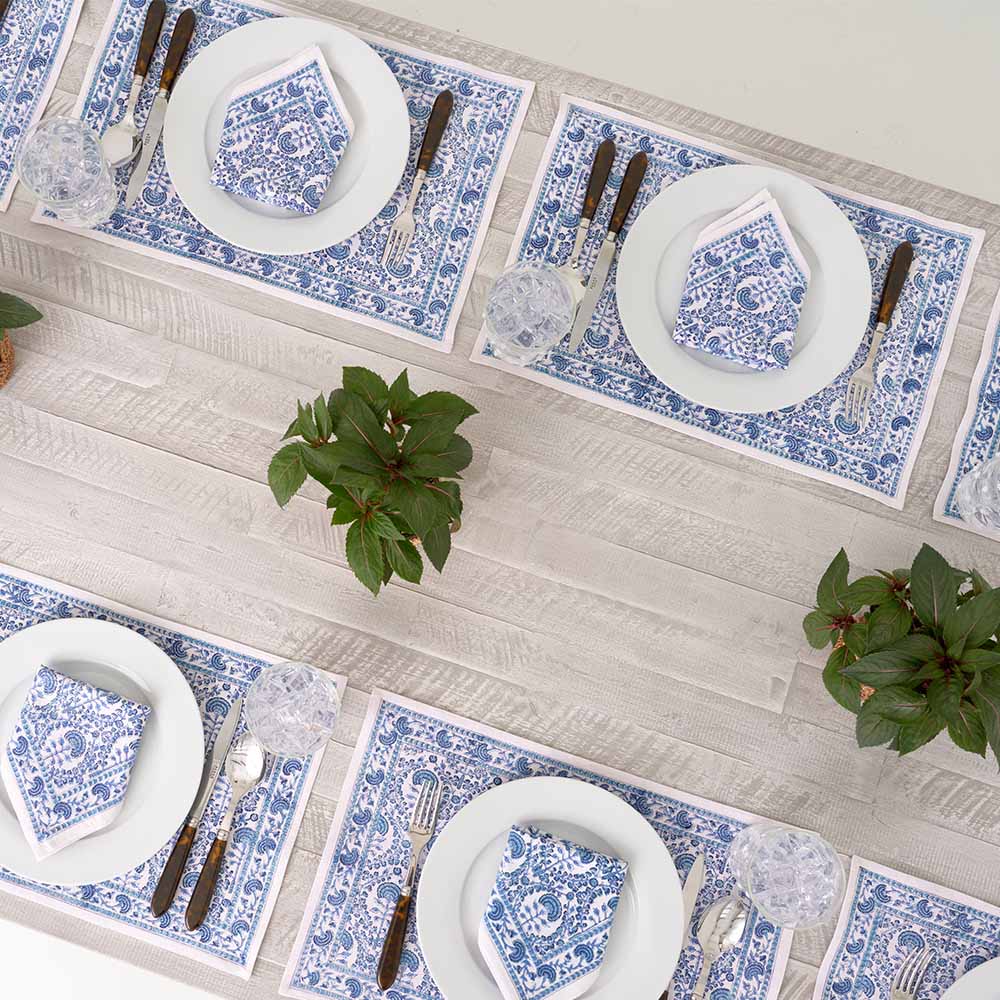 Blue and white intricate floral pattern composes this 100% cotton placemat. 