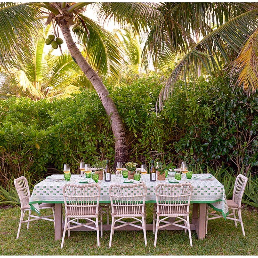 Chardonnay Tablecloth on an outdoor dinner table. 