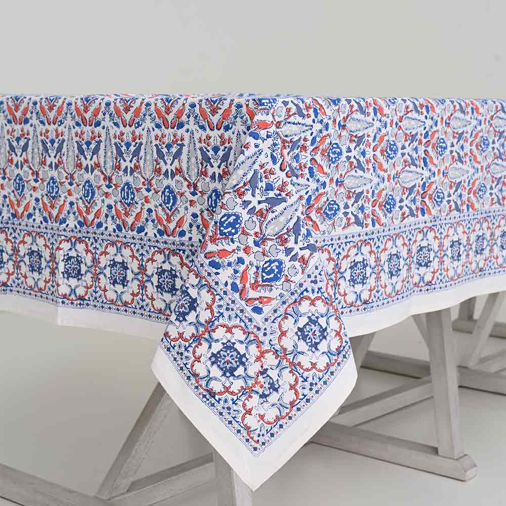 Dove &amp; Cypress Blue &amp; Persimmon Tablecloth