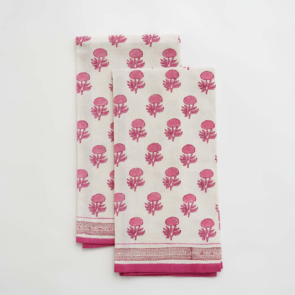Rose pink and white print tea towel set of 2. 