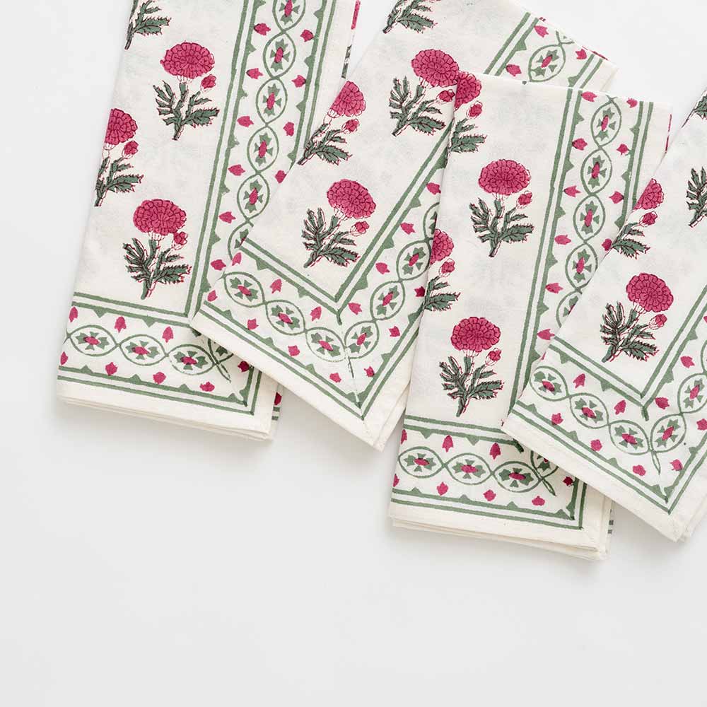 Hand printed cotton napkin set of 4 with floral design. 