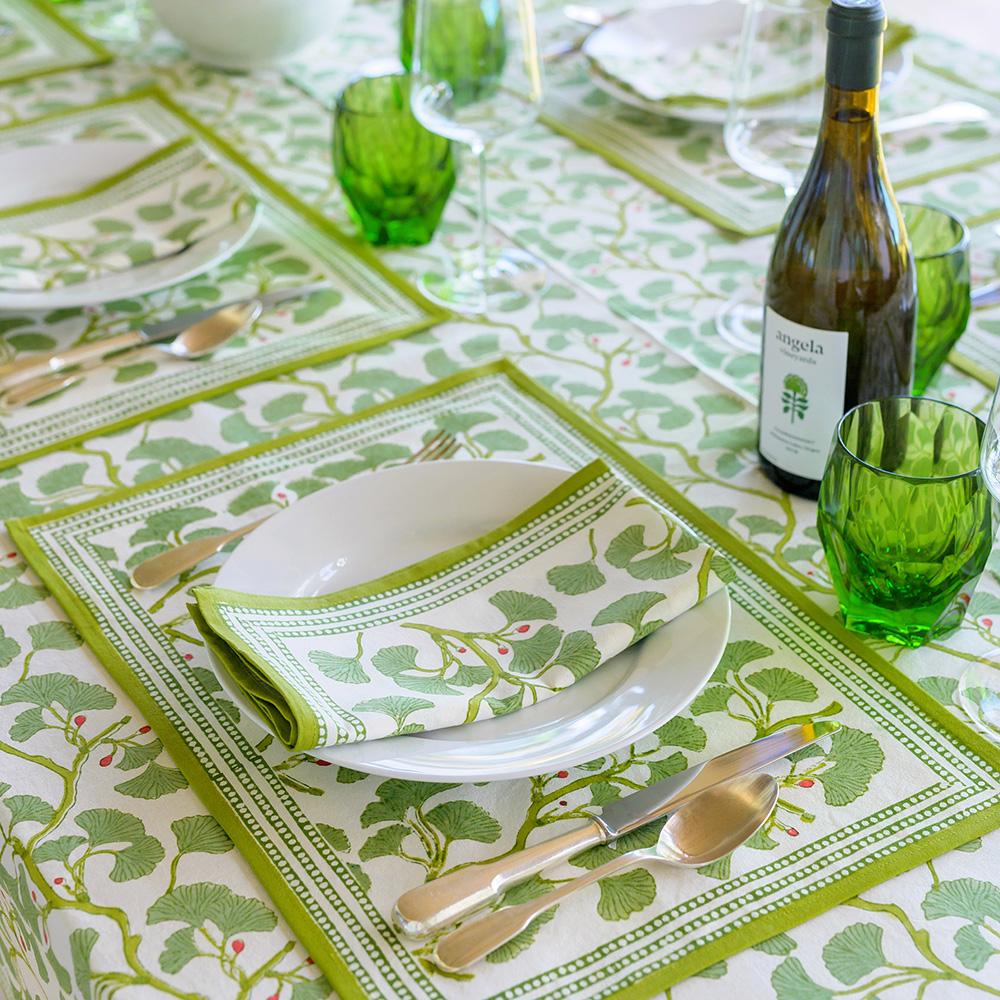 Spring Ginkgo Napkins with matching tablecloth and placemats.