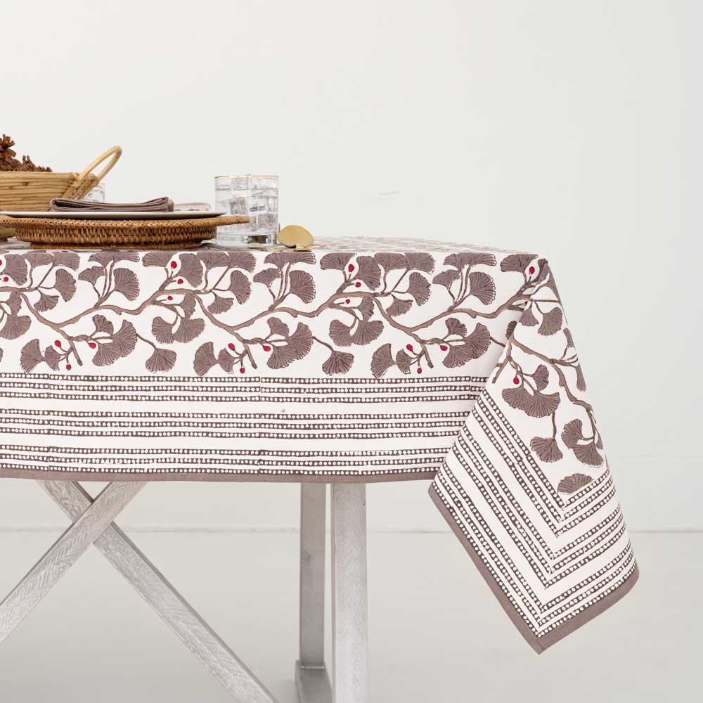 Ginkgo Taupe Tablecloth. 