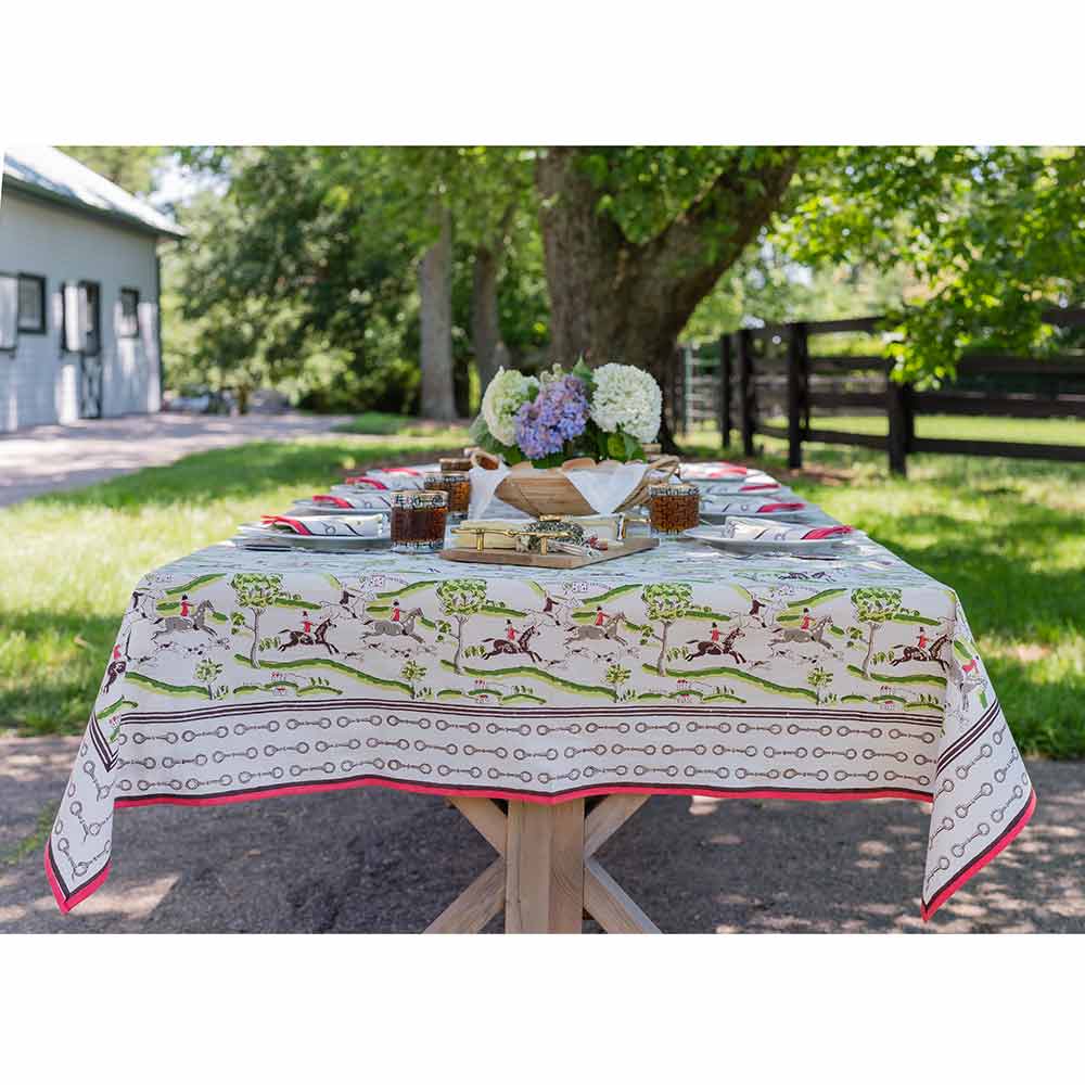 Hunt Scene Tablecloth on table in country setting