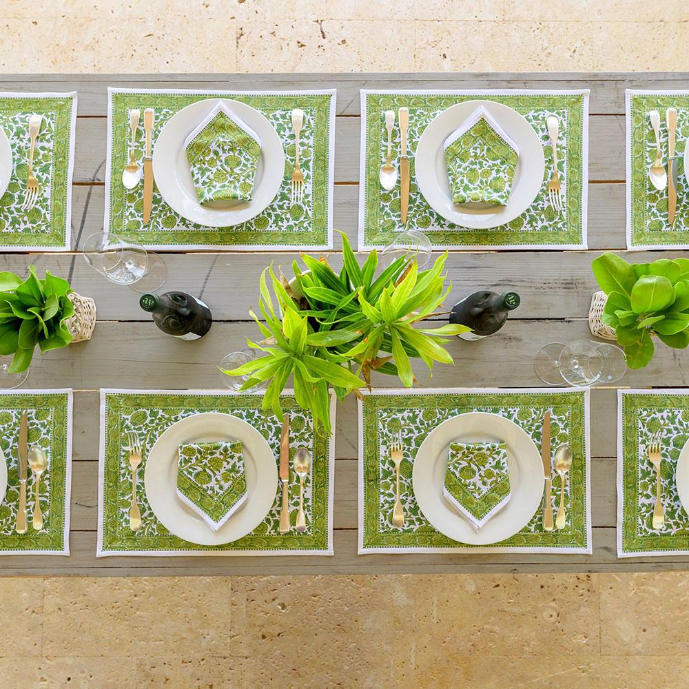 Jade Blossom Placemats with white plates.