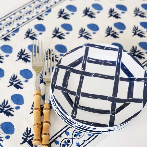 Blue Bamboo Melamine Appetizer plate with Gaya Cobalt Table Runner