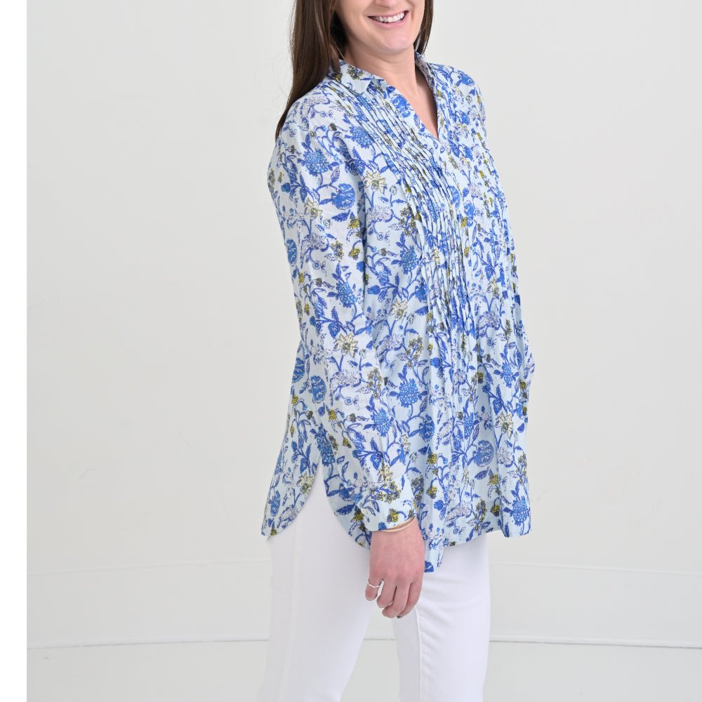 Mila Floral Blue Pintuck Collared Tunic
