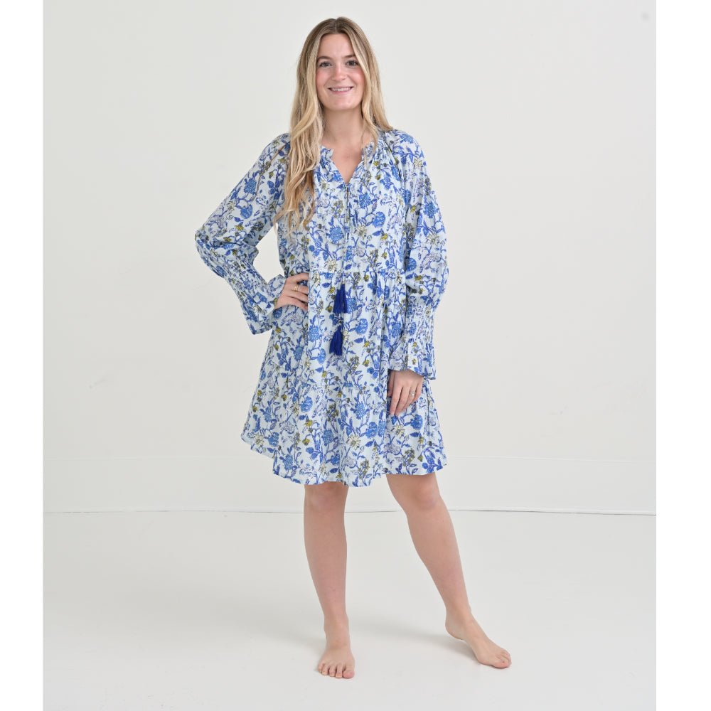 Mila Floral Blue Long Sleeve Flounce Dress