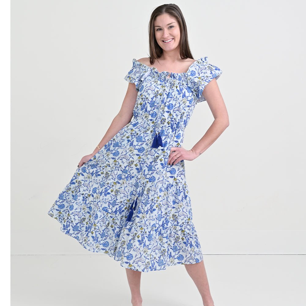 Mila Floral Blue Flutter Sleeve Peasant Dress Pomegranate Inc