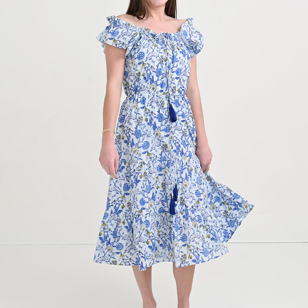Mila Floral Blue Flutter Sleeve Peasant Dress