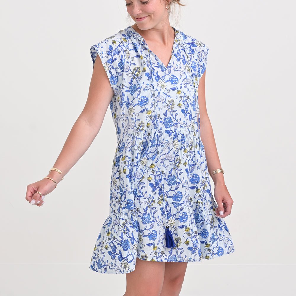 Mila Floral Blue Cap Sleeve Flounce Dress