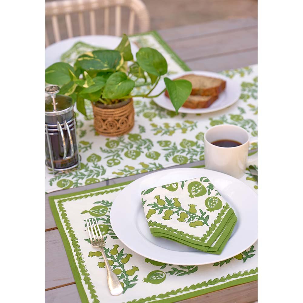 Placemat with matching napkin and table runner. 