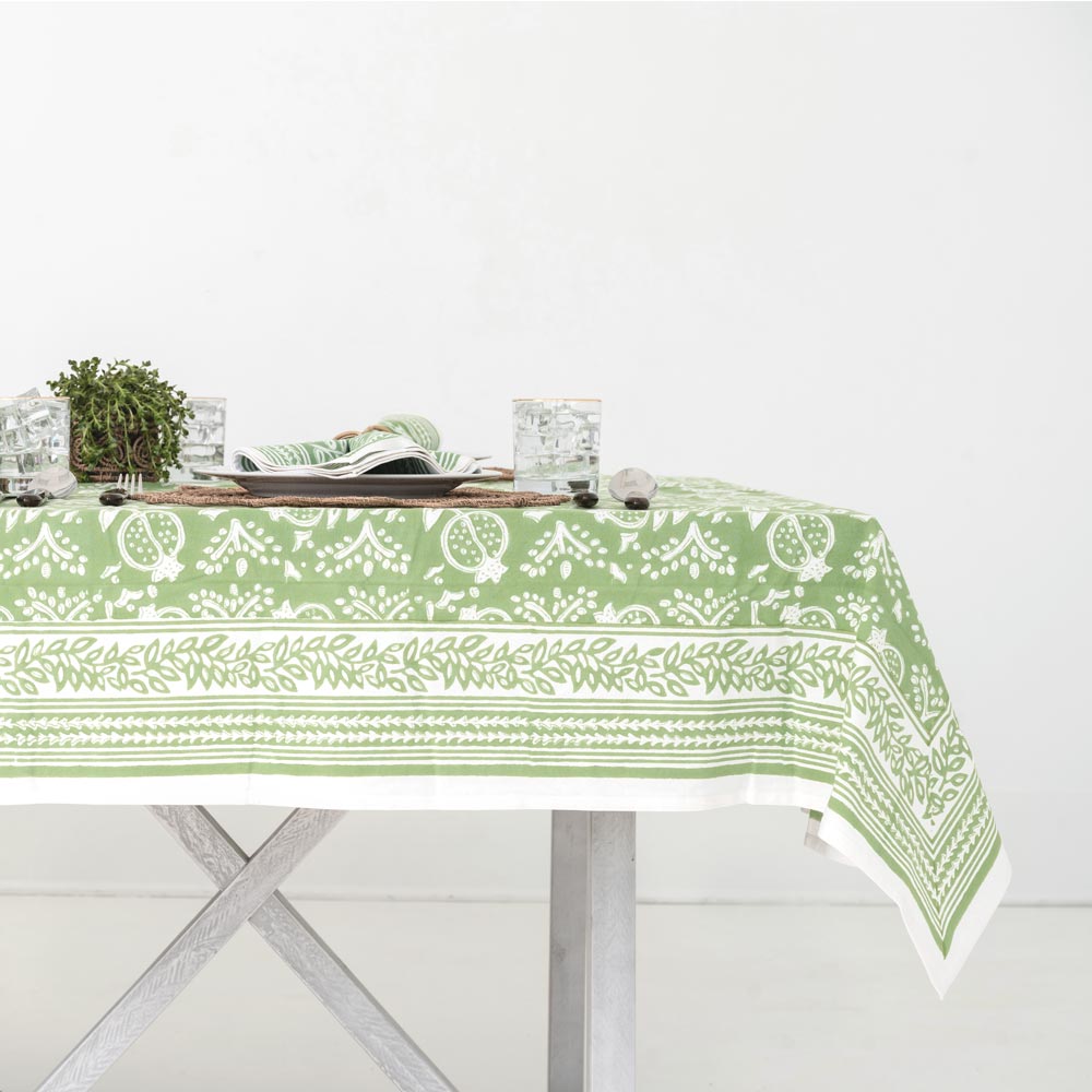 Side view of Pomegranate Green tablecloth. 