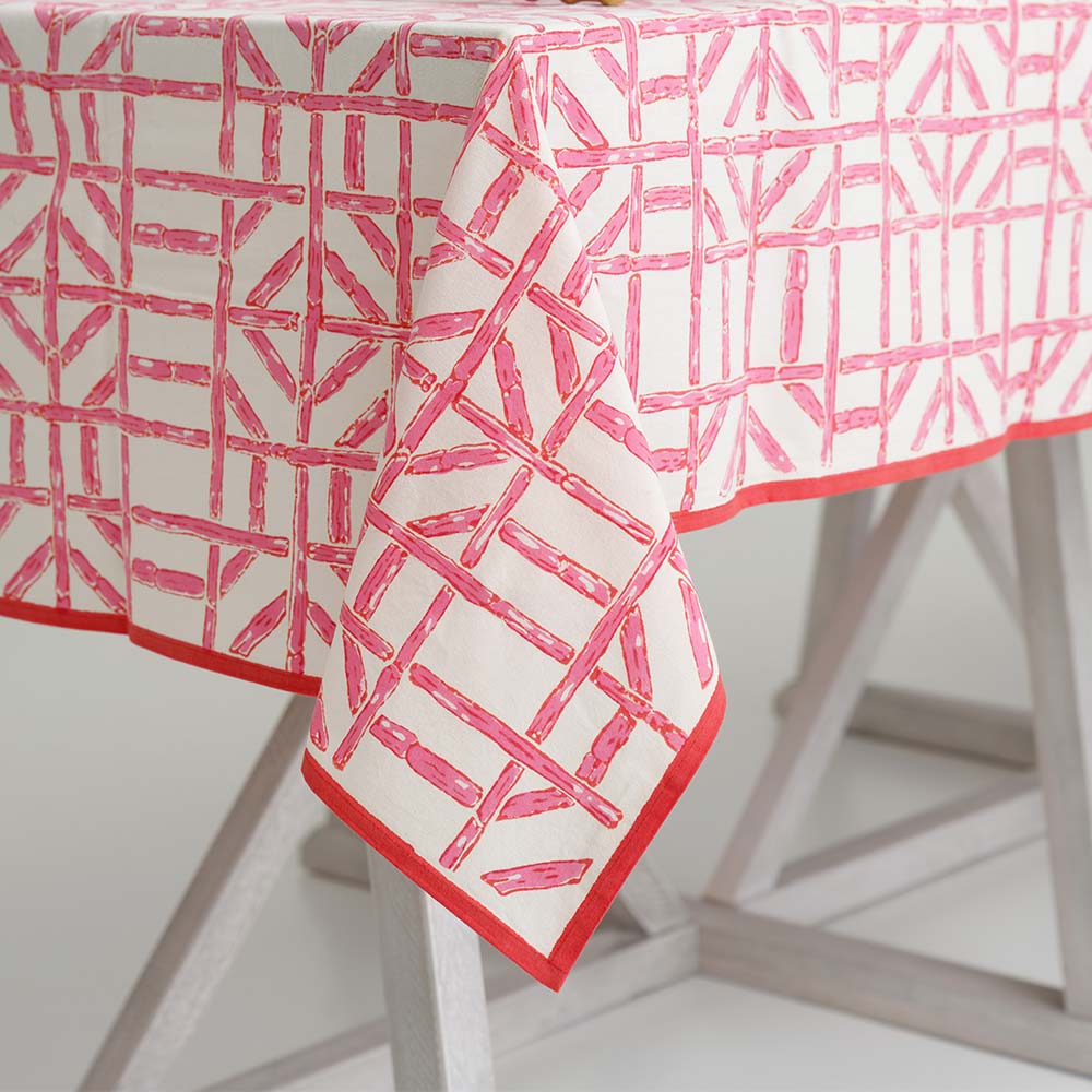Pink and white eclectic bamboo print tablecloth. 