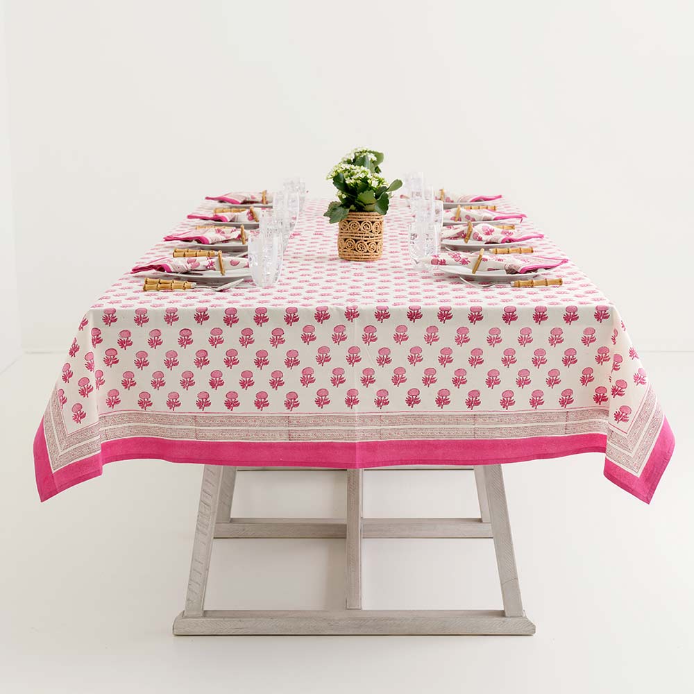 Dinner table set with Rosé tablecloth. 