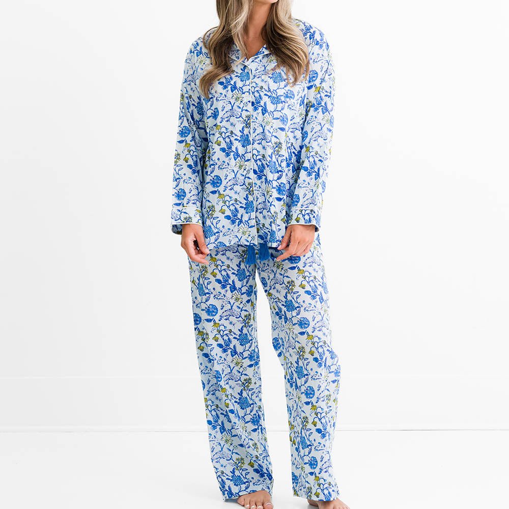 Mila Floral Blue Pajama Set + Robe + Headband