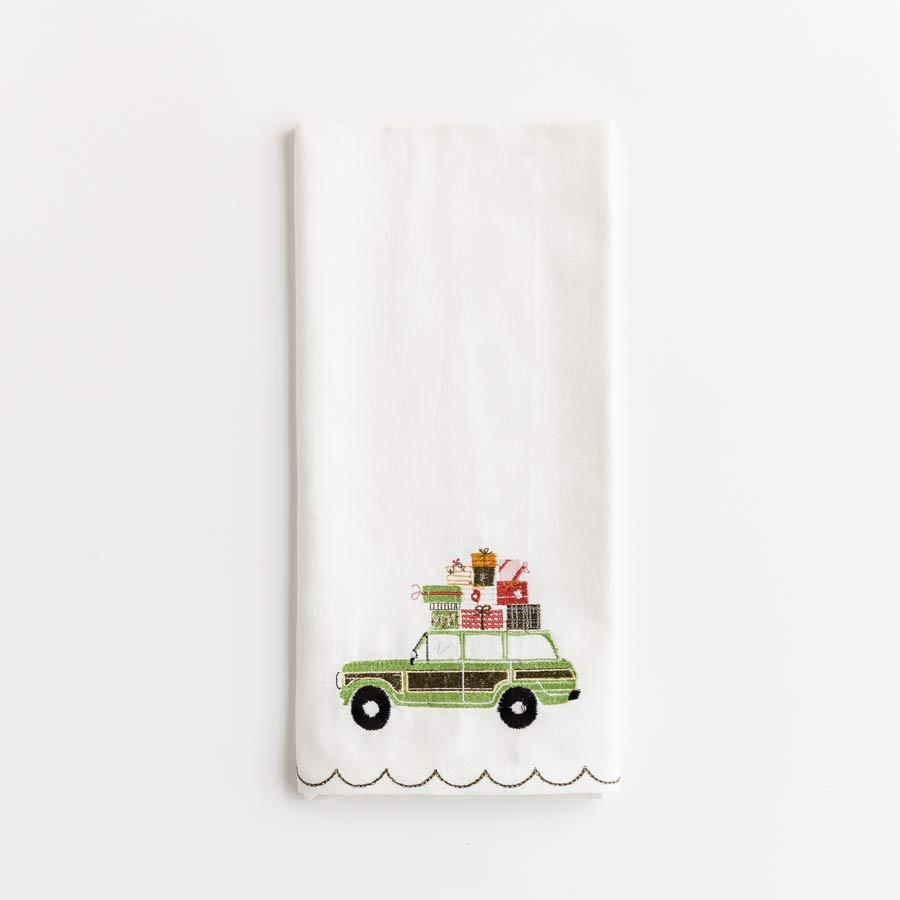 Tea-Towel-Green-station-wagon-with-presents on top