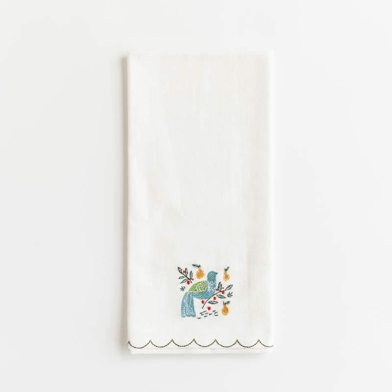 Embroidered tea towel with partridge