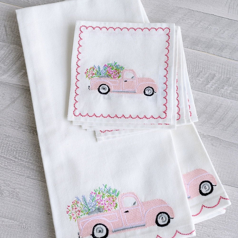 Blossom Truck Tea Towel and napkins