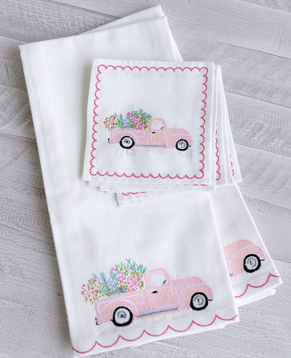 Blossom Truck Tea Towel and napkins