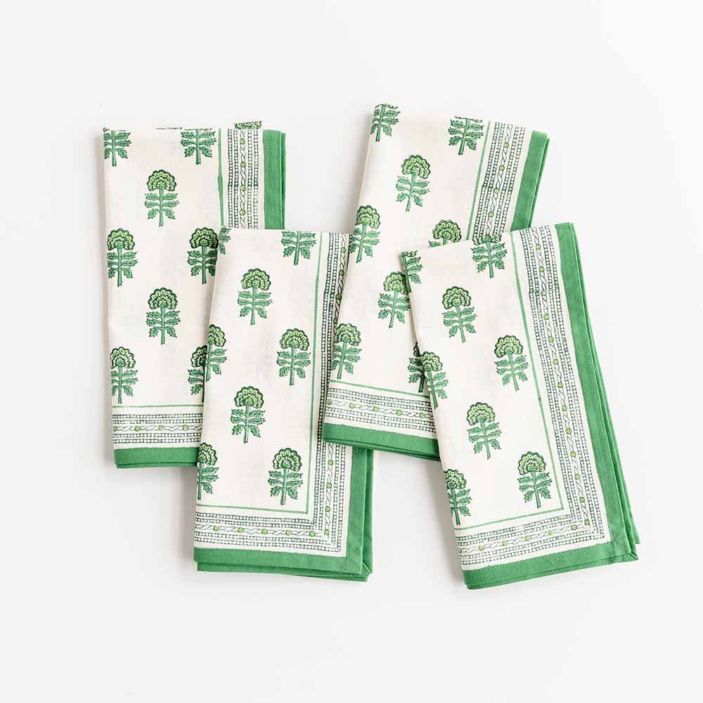 Set of 4 Chardonnay green and white hand block printed cotton napkin. 
