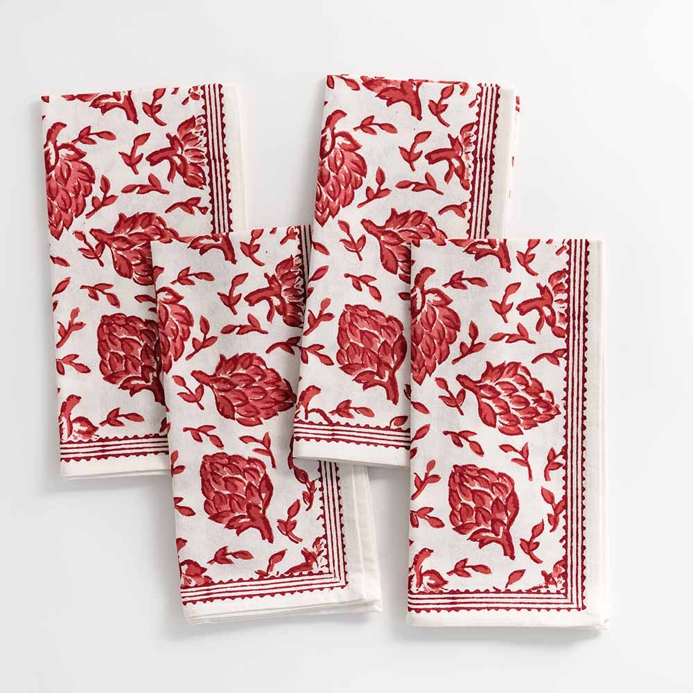 Set of 4 Dancing Artichokes red napkin. 