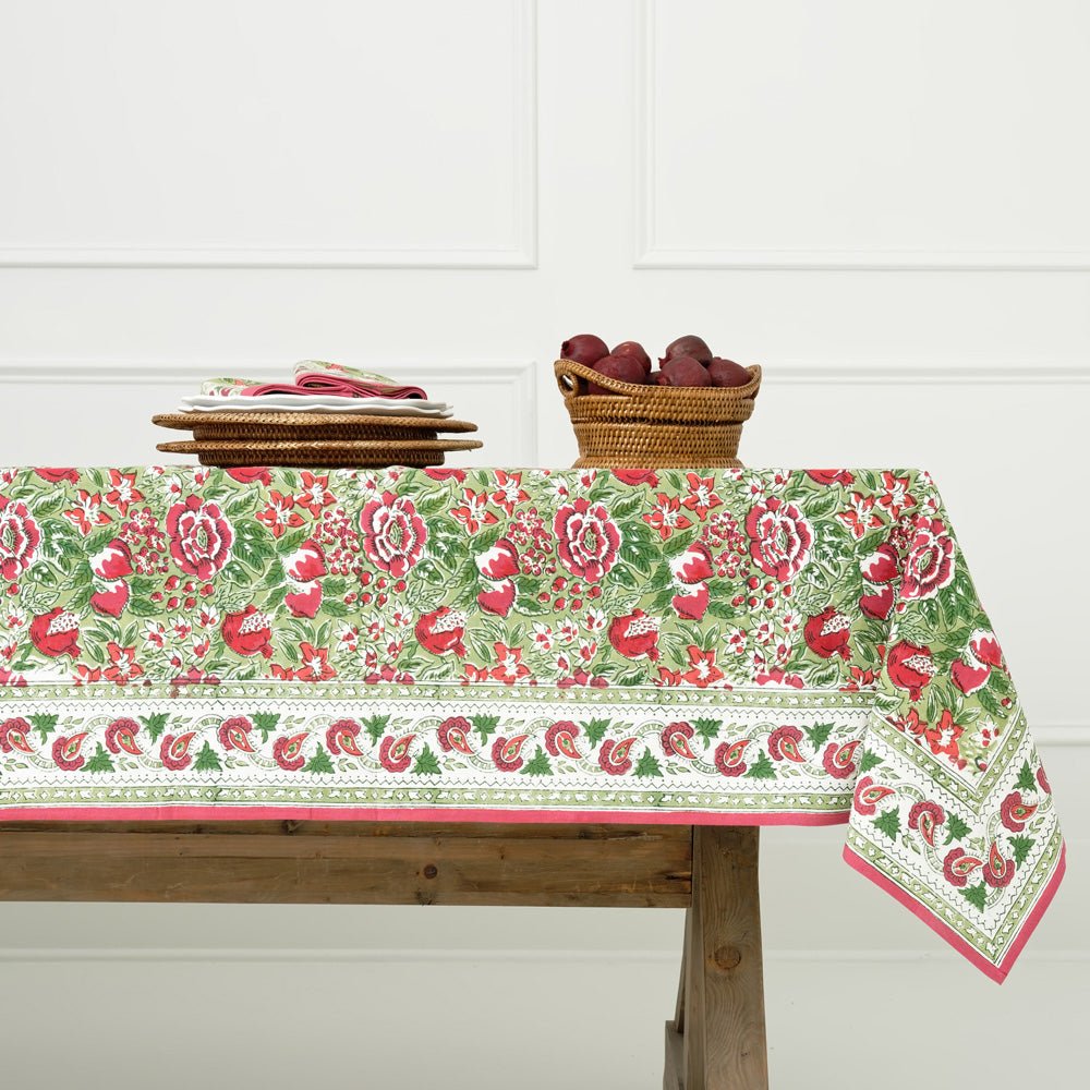 Hand block printed tossed floral tablecloth.