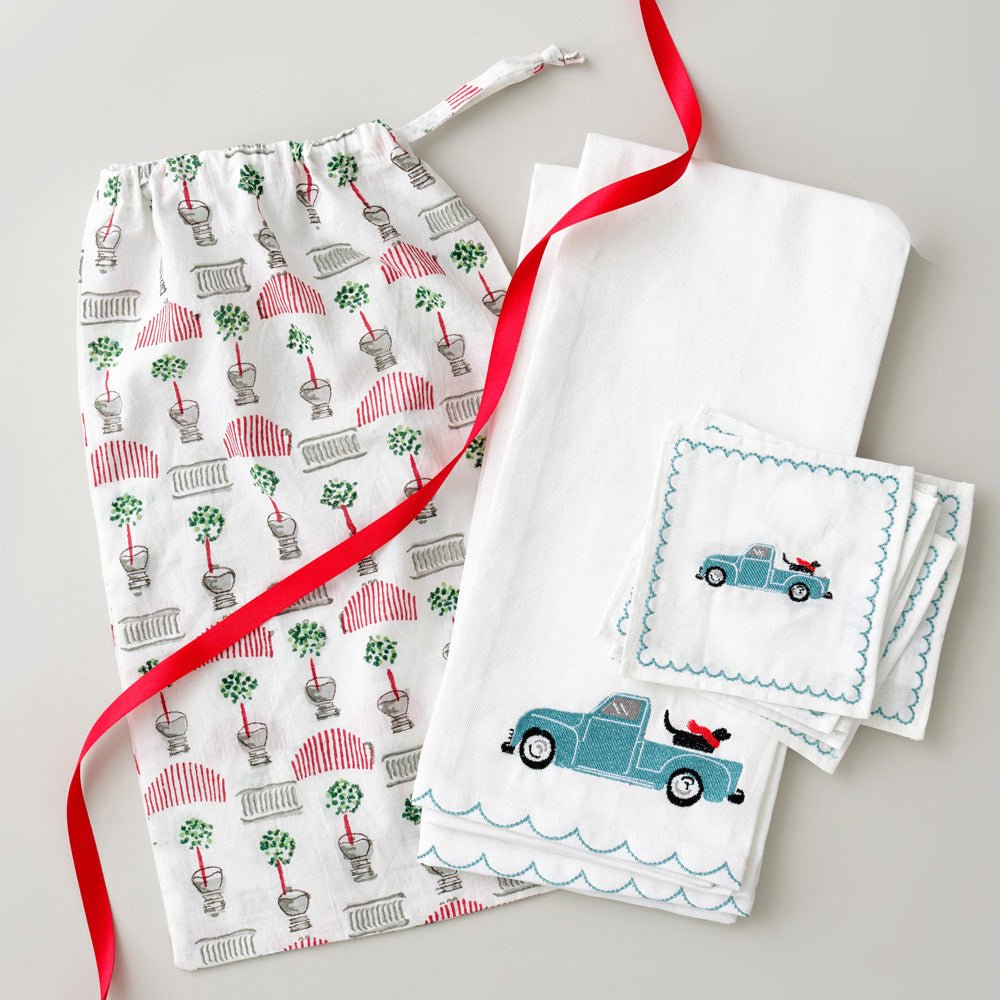 Embroidered Holiday Tea Towels + Cocktail Napkin Gift Sack