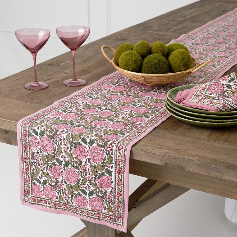 Bohemian Floral Moss Green & Mauve Pink Table Runner