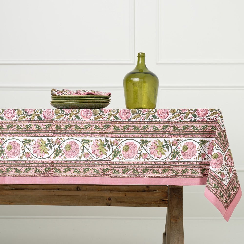 outdoor table with bohemian floral moss & mauve tablecloth