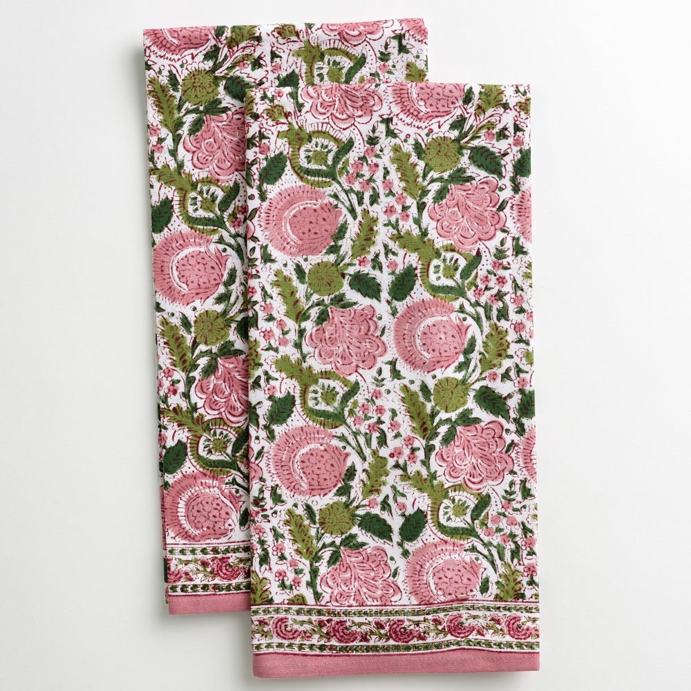 Bohemian Floral Moss Green & Mauve Pink Tea Towels