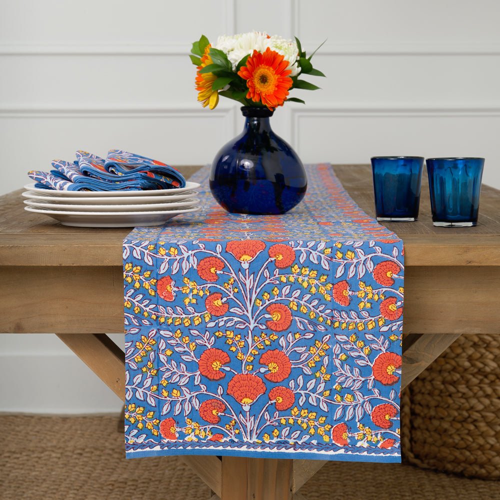 Cactus Flower Blue & Orange Floral Table Runner | Block Printed