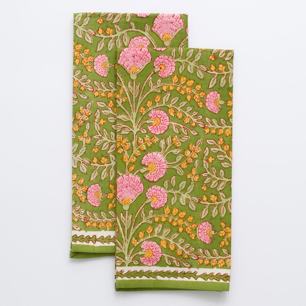 Cactus Flower Green & Pink Kitchen Tea Towels | Hand Block Printed