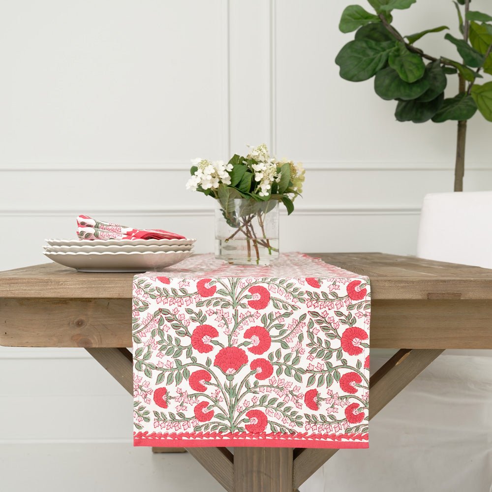 Cactus Flower Scarlett Red, Rose Pink and Green Floral Table Runner