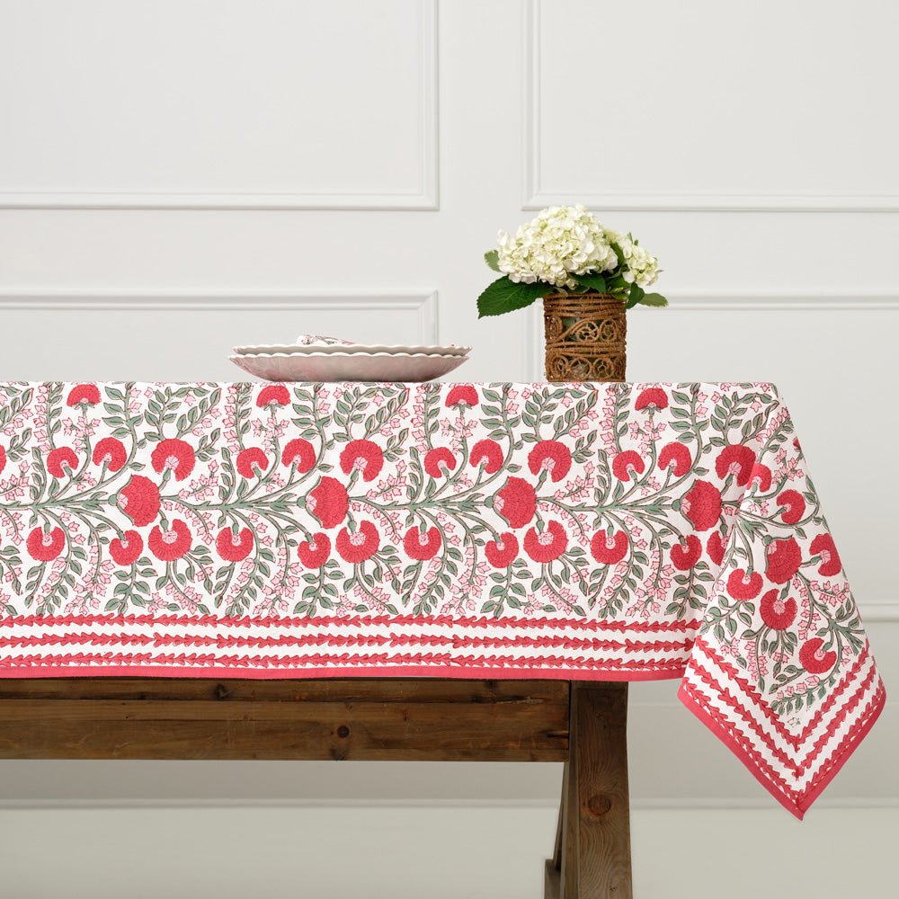 Cactus Flower Scarlett Red, Rose Pink and Green Floral Tablecloth
