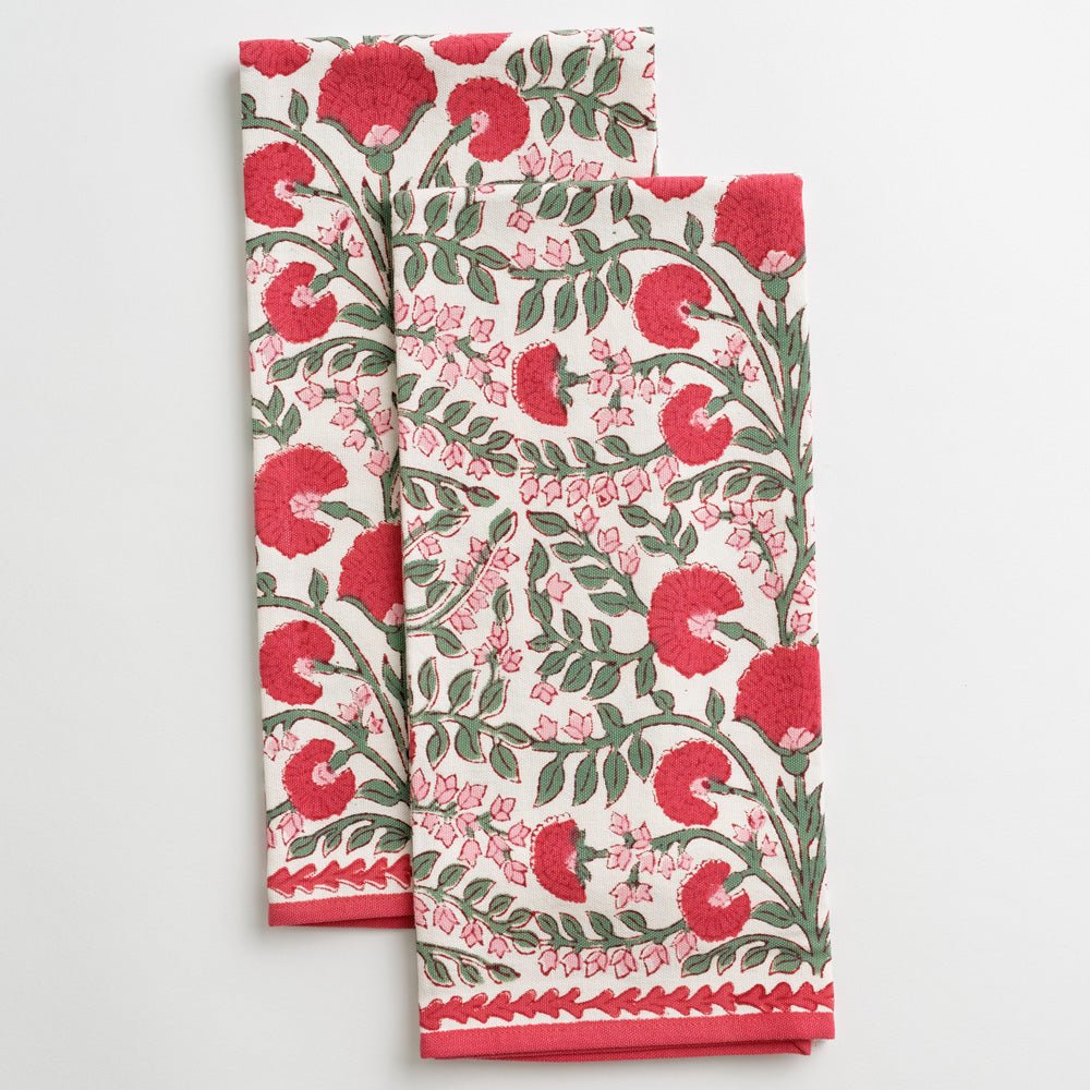 Cactus Flower Scarlett Red, Rose Pink and Green Floral Tea Towels