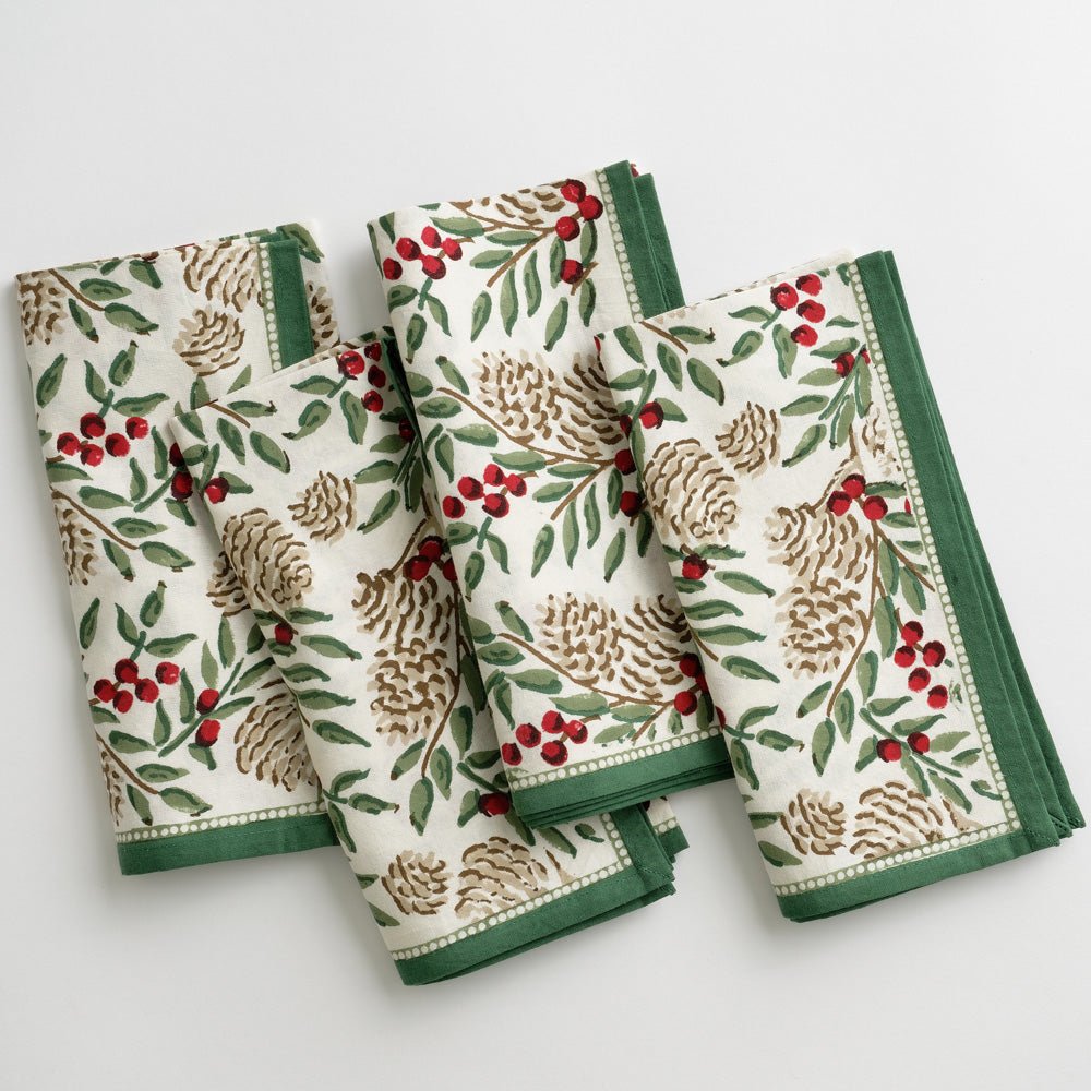 Napkins with with Christmas Garland Print Green Florals &amp; Berries and Pinecones