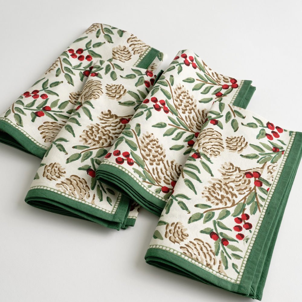 Napkins with Christmas Garland Print Green Florals & Berries and Pinecones