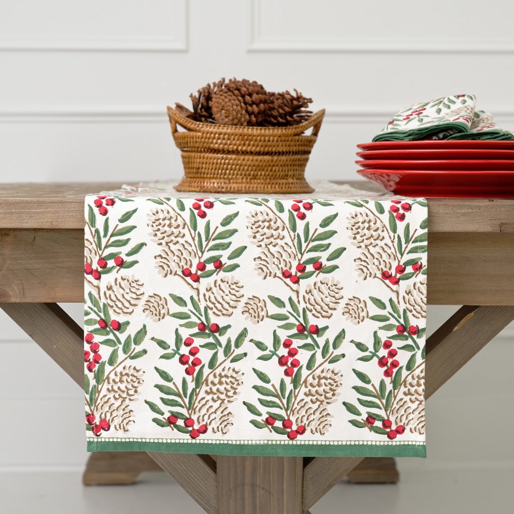 Table Runner with Christmas Garland Print Green Florals &amp; Berries and Pinecones