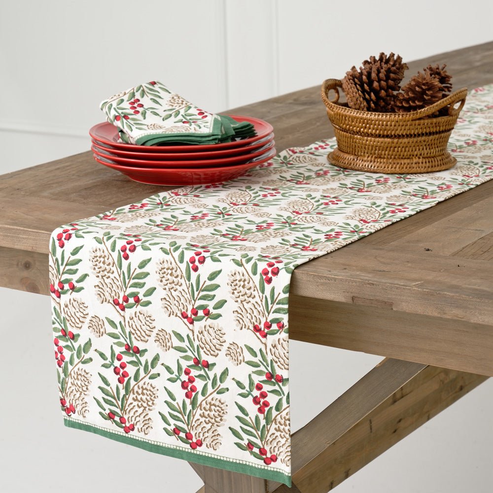 Table Runner with Christmas Garland Print Green Florals &amp; Berries and Pinecones
