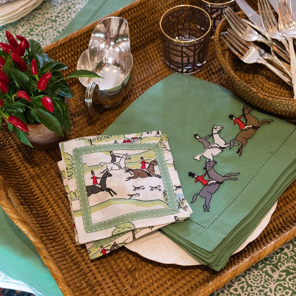 Cocktail napkins with equestrian Hunt Scene print and green ribbon