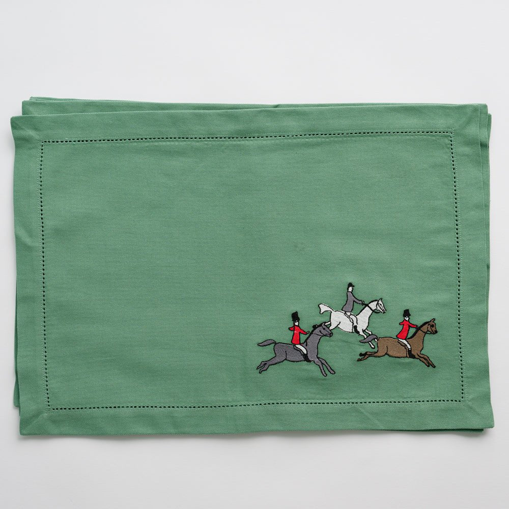 Embroidered Hunt Scene Green Equestrian placemats