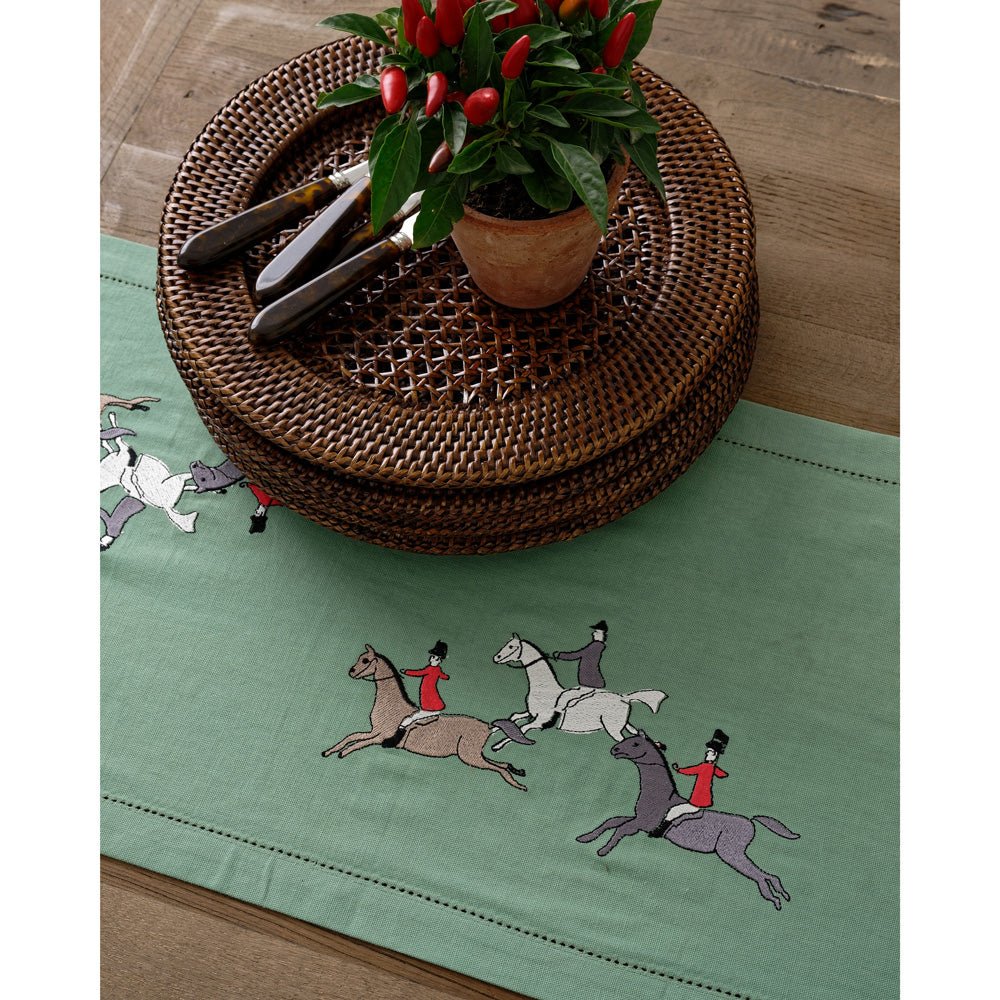 Green Embroidered hunt scene equestrian table runner