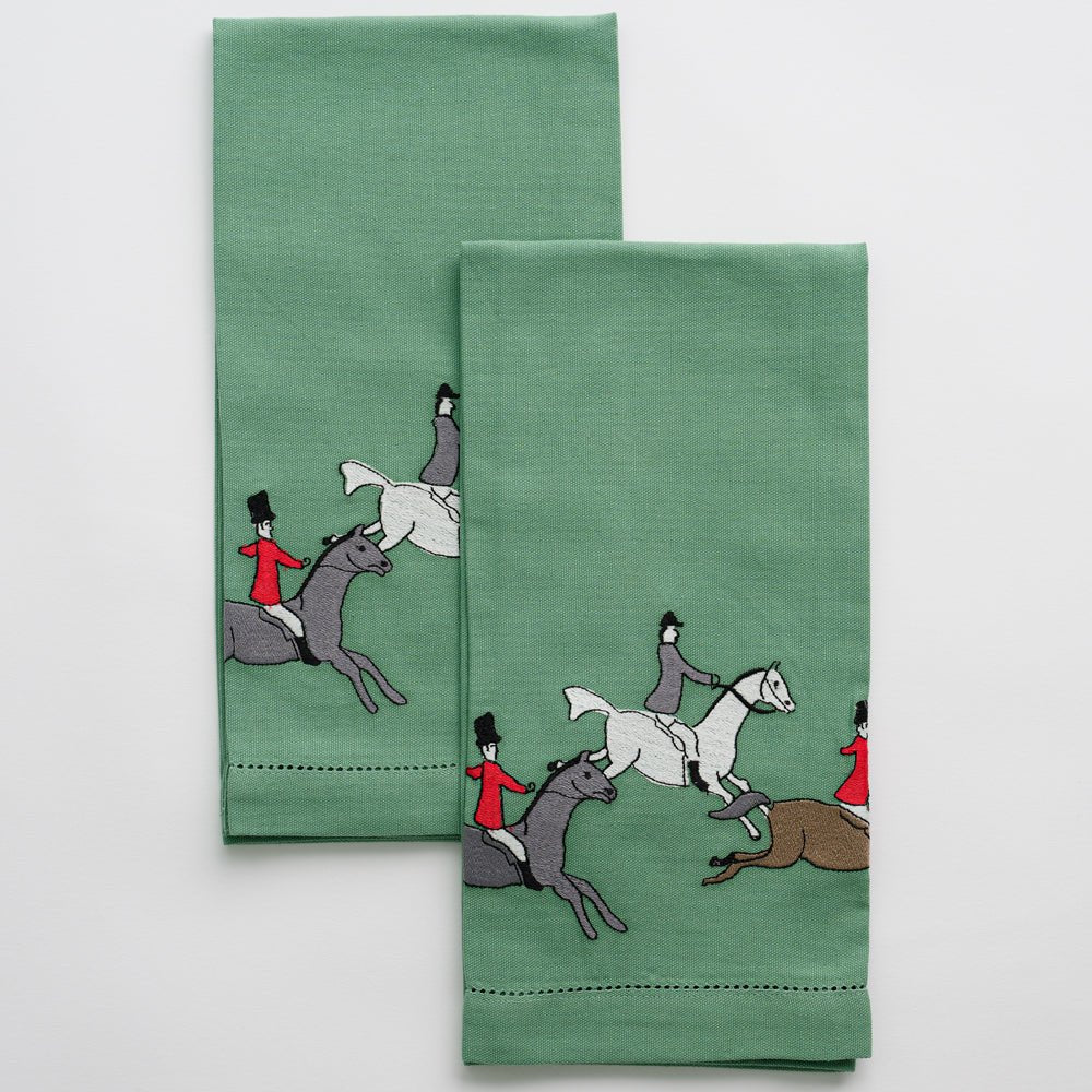 Embroidered Hunt Scene Green Equestrian tea towels