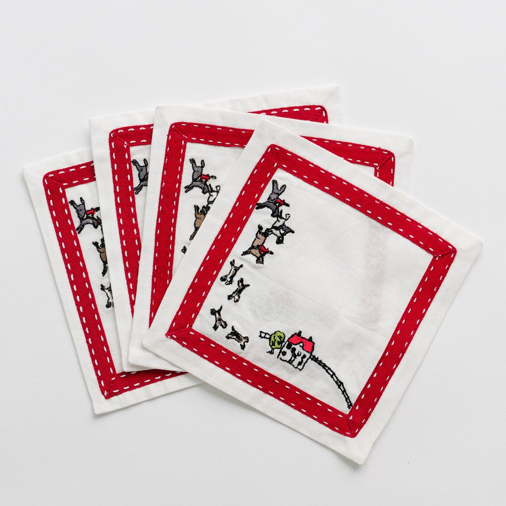 Embroidered Equestrian Hunt Scene Cocktail Napkins with Red Ribbon