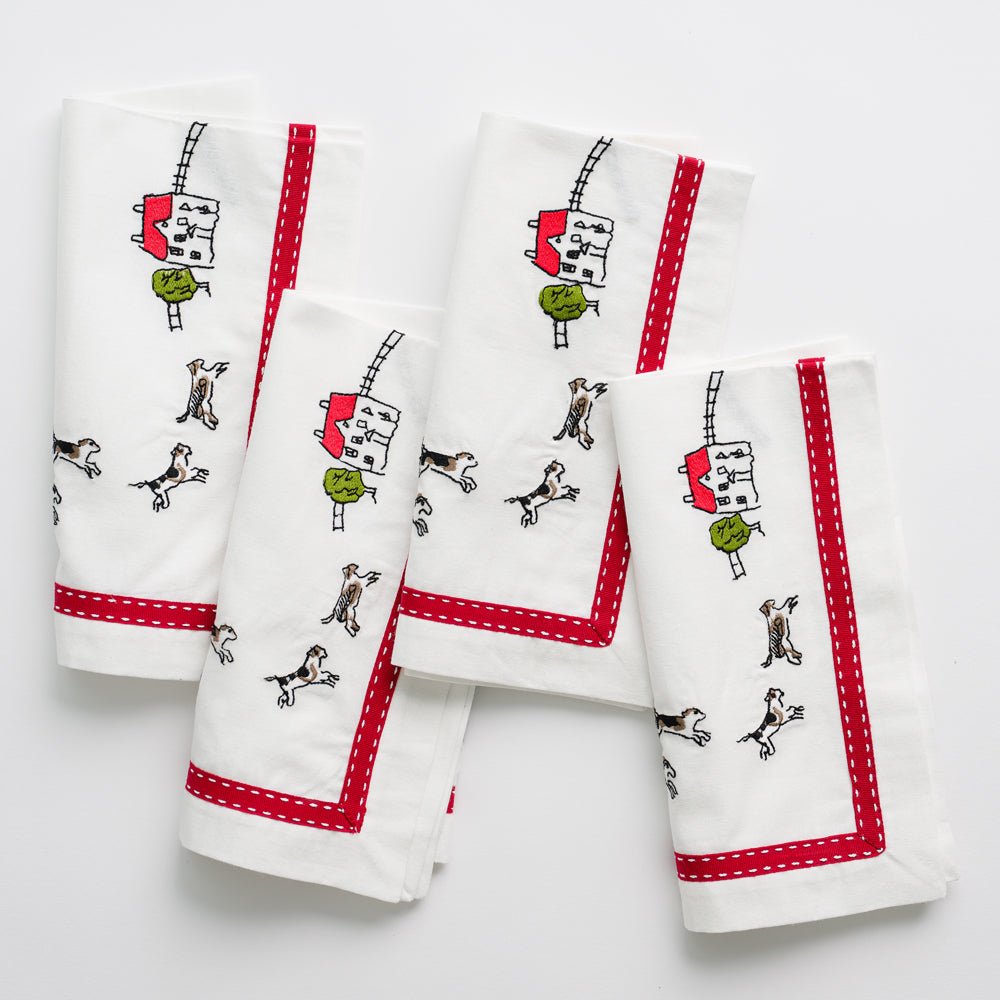 Embroidered Equestrian Hunt Scene Napkins with Red Ribbon