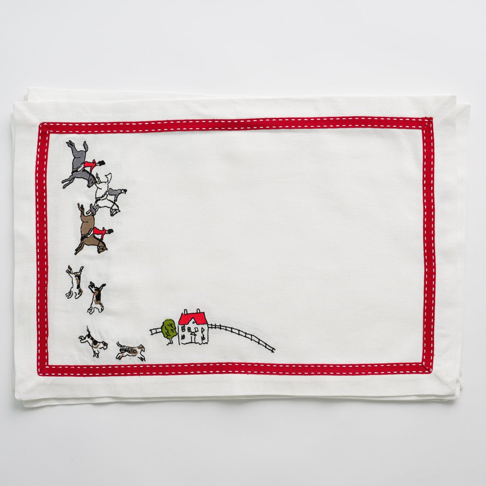 Embroidered Equestrian Hunt Scene Placemats with Red Ribbon