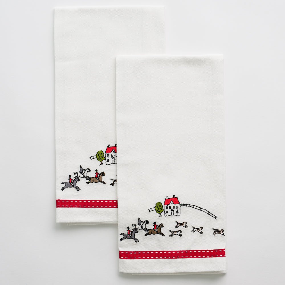 Embroidered Equestrian Hunt Scene Tea Towels with Red Ribbon